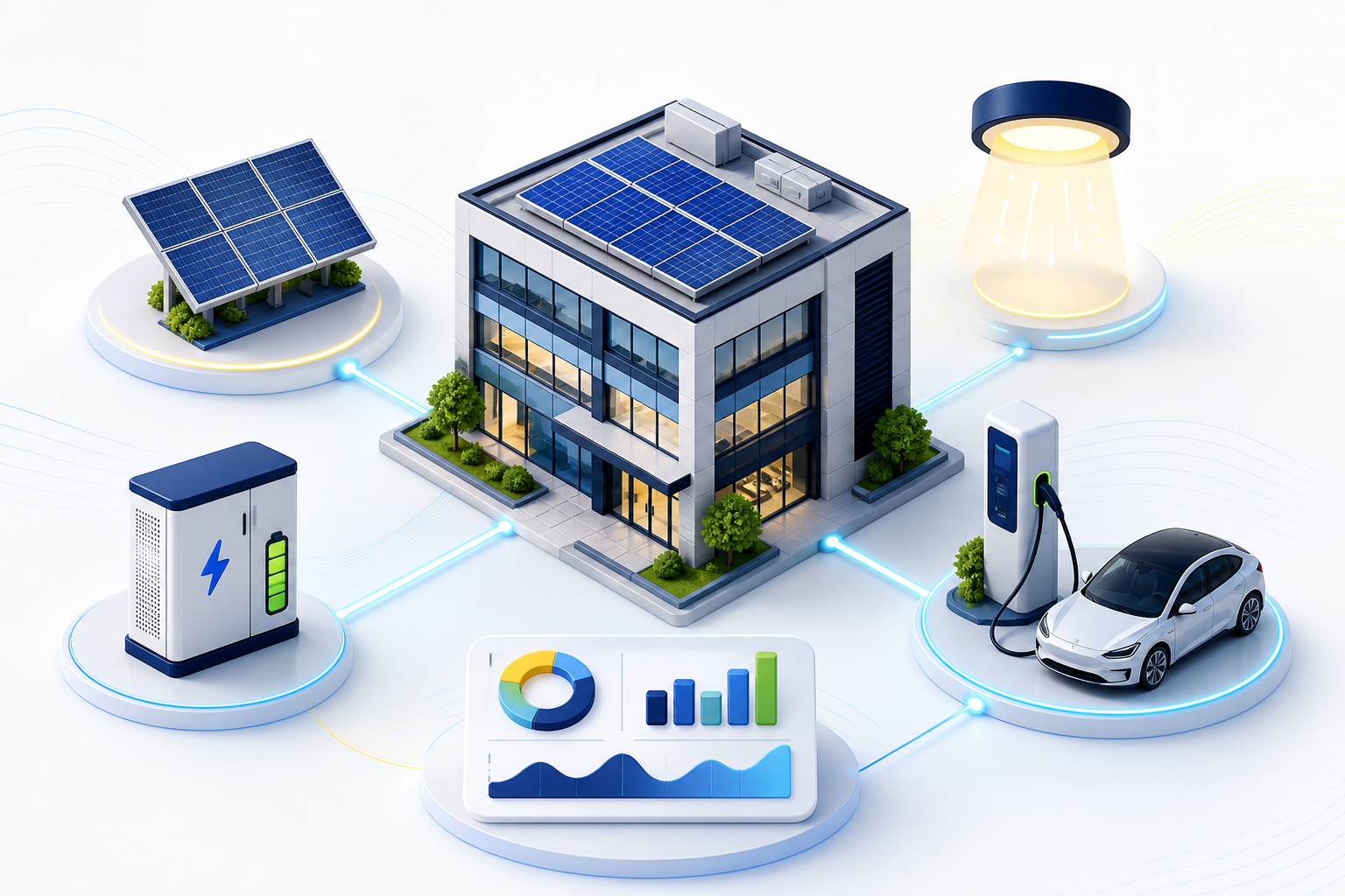Infografía de servicios energéticos: solar, baterías, iluminación, recarga y análisis